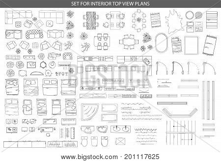 Big set of linear icons for Interior top view plans. Isolated Vector Illustration. Furniture and elements for living room, bedroom, kitchen, office, bathroom. Floor plan. Sketch of furniture