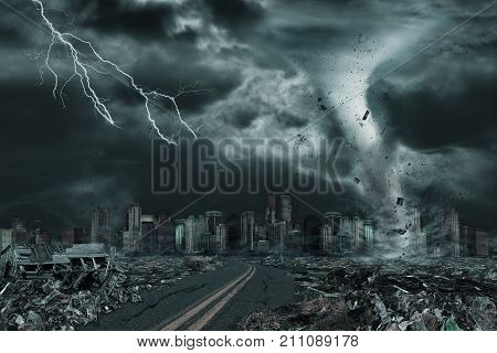 3D illustration of tornado or hurricane's detailed destruction along its path toward fictitious city with flying debris and collapsing structures. Concept of natural disasters judgment day apocalypse.