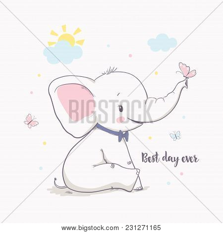 Little Elephant With Butterfly. Vector Illustration For Kids. Cartoon Vector Illustration For Kids. 