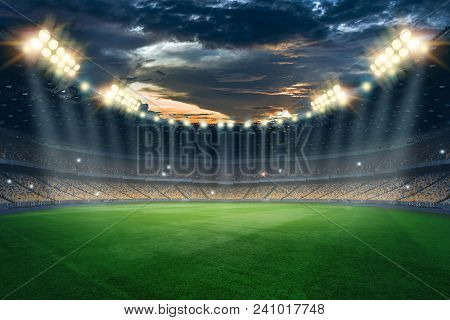 Stadium In The Lights And Flashes, Football Field. Concept Sports Background, Football, Night Stadiu