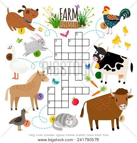 Farm Animals Crossword. Kids Crossing Word Search Puzzle Game With Cat And Cow, Dog And Cock, Horse 