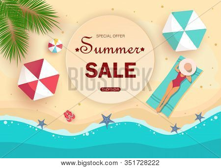 Summer sale background. Hello Summer, summer time, summer day, summer day background, summer banners, summer flyer, summer design, summer with people in the pool, vector illustration. Eps10 vector illustration. Elegant woman in a hat lying on a beach towe