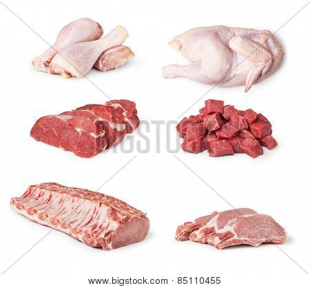 Pieces of raw chicken, beef and pork meat isolated on white