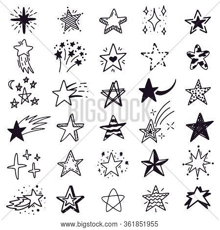 Hand Drawn Star Sketch. Doodle Stars Sketch, Drawing Ink Starburst And Shiny Stars. Starry Doodles V