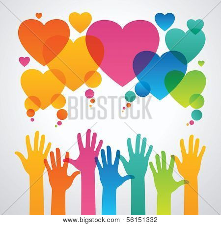 silhouettes of human hands are drawn to the icons of hearts. the concept of love between people .the concept of communication between people  The file is saved in the version AI10 EPS.