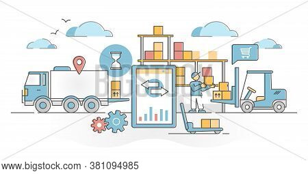 Inventory Management Work With Logistics In Goods Warehouse Outline Concept. Distribution Chain Orga