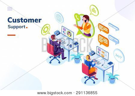 Customer Service People Office Or Isometric Call Center Room. Man Support And Woman Phone Assistant,