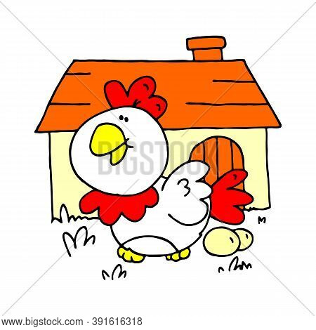 Cute Cartoon Chicken Illustration. Cartoon Chicken Bird Isolated On Background. Chicken, Bird, Farm 