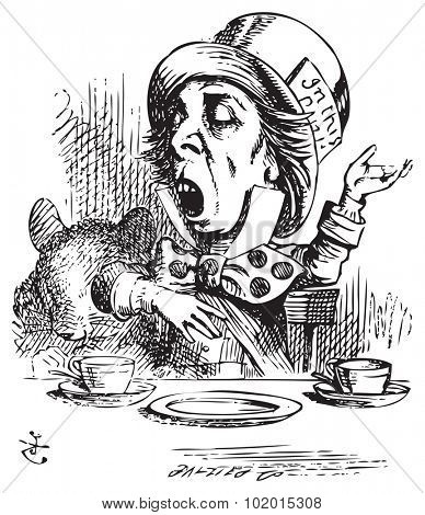 Hatter engaging in rhetoric. Mad Hatter is telling a story to Alice and his friends. Alice in Wonderland original vintage engraving. Alice's Adventures in Wonderland. Illustration from John Tenniel