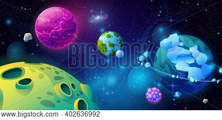 Fantasy Universe, Galaxy With Planets And Celestial Bodies Made Of Craters And Ice. Panoramic View O