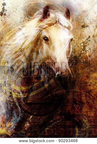 Horse Heads, Abstract Ocre Background, With One Dollar Collage. Texture Background