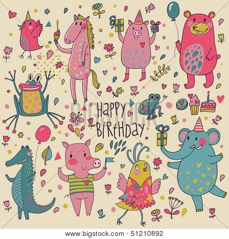 Cute funny animals in vector. Childish Birthday invitation card. Birds, horse, pig, bear, frog, crocodile and elephant in nice set