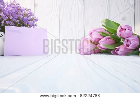 tulips and post card. March 8th, mother's day, valentine's day, International Women's Day, lilac, congratulate, celebrate