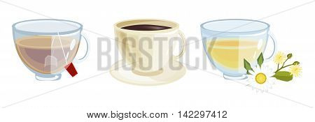 Lots of coffee in different cups - coffee time. Beverage hot breakfast morning coffee. Morning tea drink mug. Espresso caffeine beverage cups of coffee. Vector illustration set of coffee and tea cups.