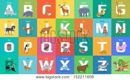 Animals alphabet. Letter from A to Z. Various animals stands or sits near letter. Alphabet learning chart with animals illustration for letter and animal name. Vector zoo alphabet with cartoon animals