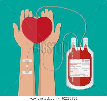 blood bag and hand of donor with heart. Blood donation day concept. Human donates blood. Vector illustration in flat style.