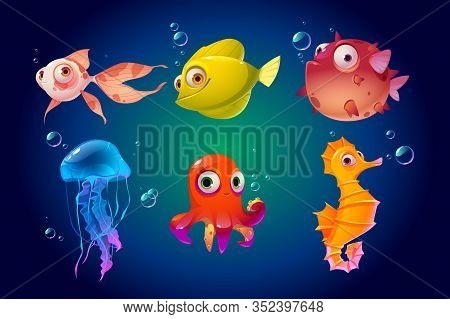 Cute Sea Animals, Fish, Octopus, Jellyfish. Vector Cartoon Characters In Ocean. Funny Underwater Cre