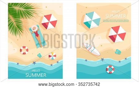 Set of summer gift certificates. Set of summer gift certificates.Hello Summer, summer time, summer day, summer day background, summer banners, summer flyer, summer design, summer with people in the pool, vector illustration. Eps10 vector illustration