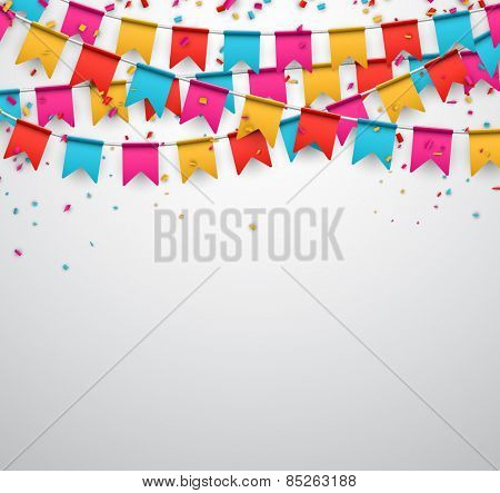 Celebrate banner. Party flags with confetti. Vector illustration. 
