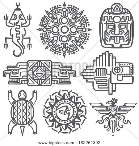 Ancient mexican vector mythology symbols. american aztec, mayan culture native totem patterns. Aztec and mexican tattoo, illustration of mayan symbol tattoo