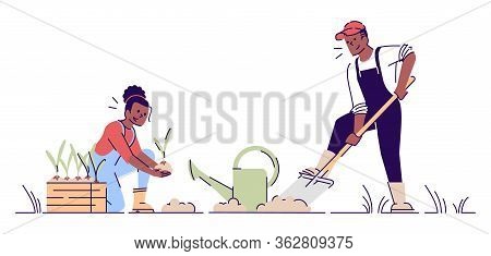 Couple Gardening Together Flat Vector Illustration. African American Farmers Planting Flowers Cartoo