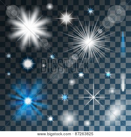 Glowing stars, lights and sparkles on Transparent background. Vector. Illustration.