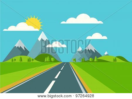 Vector Landscape Background. Road In Green Valley, Mountains, Hills, Clouds And Sun On The Sky.