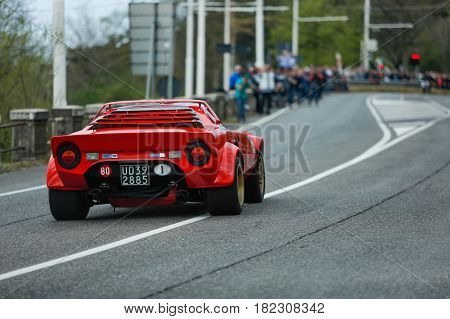 Trieste Italy - April 2 2017: Photo of a Lancia Stratos HF 1973 on the Trieste Opicina Historic. Trieste Opicina Historic is regularity run for vintage and classic Cars.