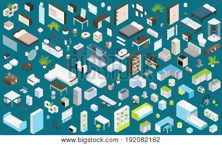 Isometric interior elements set with furniture appliances items of bedroom bathroom kitchen home office living rooms isolated vector illustration