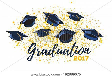 Vector Illustration Of Graduate Caps And Confetti On A White Background. Caps Thrown Up. Congratulat