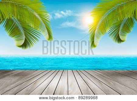 Vacation background. Beach with palm trees and blue sea. Vector.