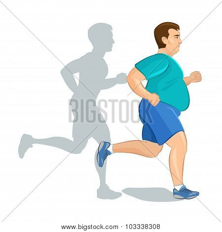 Illustration Of A Fat Cartoon Man Jogging, Weight Loss Concept, Cardio Training