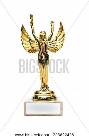 Gold award statuette made as a woman with wings and arms raised up and with torch. Golden angel symbol of freedom. Award isolated on white.