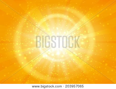 Yellow starburst background with sparkles. Shiny sun rays vector illustration with bokeh lights