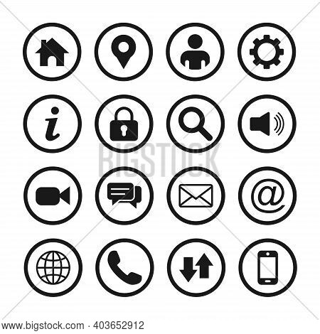 Round Icon Pack. Home Icon, Location Pin Icon, Man Icon, Gear Icon, Lock Icon, Search Icon, Sound Ic