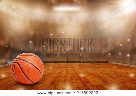 Basketball Arena With Ball On Court And Copy Space