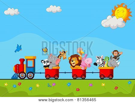 Birthday background with happy animal cartoon on train