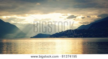 View Of Lago Di Como On Sunset - Vintage Effect. Varenna, Italy.