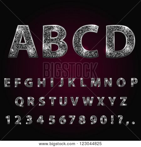 Silver metallic shiny alphabet. Sparkle glitter rhinestone alphabet letters numbers and signs currency