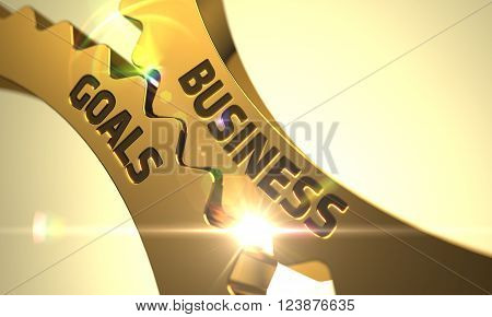 Business Goals - Technical Design. Business Goals on Golden Metallic Gears. Business Goals Golden Gears. Business Goals - Illustration with Glow Effect and Lens Flare. Business Goals - Concept. 3D.