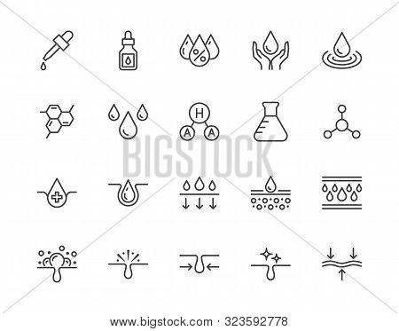 Skin Care Flat Line Icons Set. Hyaluronic Acid Drop, Serum, Anti Ageing Compound Retinol, Pore Tight