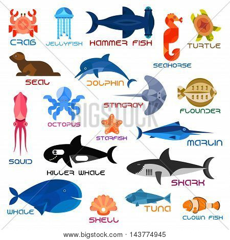 Oceanarium animals and fishes. Ocean and sea vector icons of crab, jellyfish, hammerhead fish, seahorse, turtle, seal, dolphin, squid, octopus, stingray, flounder, starfish, marlin killer whale shark whale shell tuna clown fish