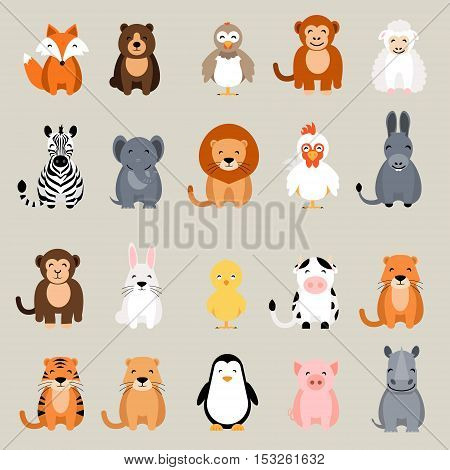 Cute vector animal set. Fox, bear, elephant, bear, hen, chicken, chick, rooster, lion, monkey, tiger, pig, donkey, rabbit, rhino, cow, zebra, sheep, penguin