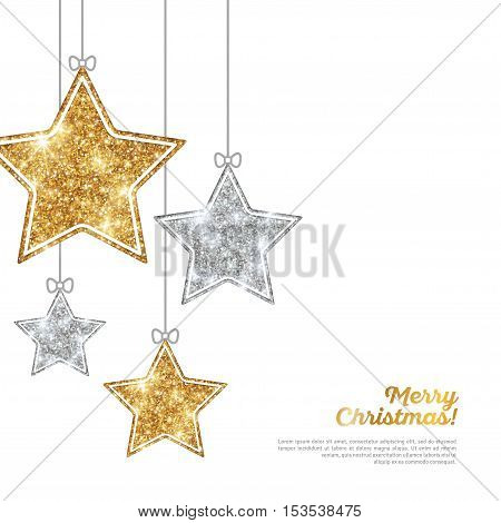 Merry Christmas and Happy New Year Banner. Glitter Background with Silver and Gold Hanging Stars. Vector illustration. Sequins Pattern. Glowing Invitation Template.