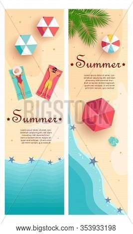 Vector summer background, beach with beach umbrellas, waves vector. Hello Summer, summer time, summer day, summer day background, summer banners, summer flyer, summer design, summer with people in the pool, vector illustration.