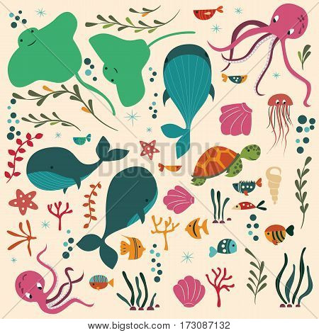 Collection of colorful sea and ocean animals whale octopus stingray jellyfish turtle coral vector illustration