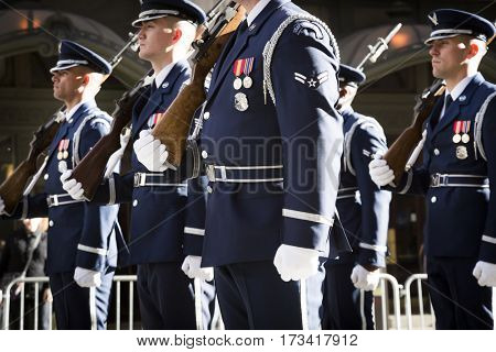 NEW YORK - 11 NOV 2016: US Air Force personnel, USAF march in Americas Parade up 5th Avenue on Veterans Day in Manhattan.