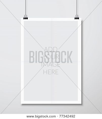 Empty A4 sized vector paper frame mockup hanging with paper clip