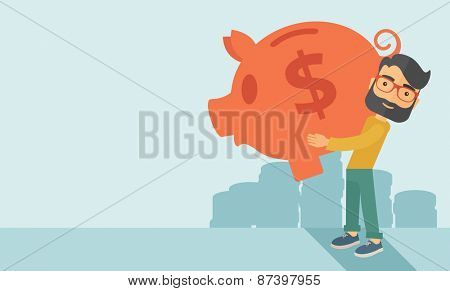 Businessman carries on his two arms his big piggy bank for economy purposes saving money is very important. A contemporary style with pastel palette soft blue tinted background. Vector flat design