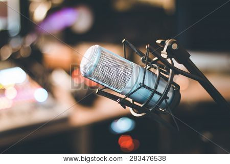 Professional Studio Microphone, Recording Studio, Equipment In The Blurry Background